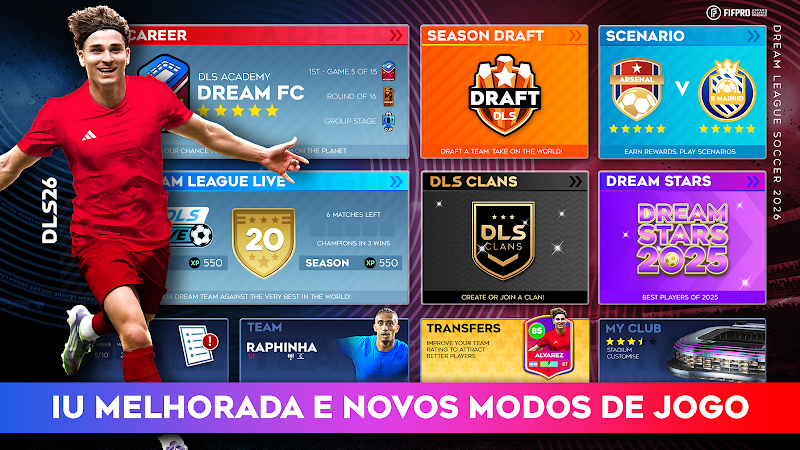 Imagem de jogabilidade do Dream League Soccer 2026 com vista geral do relvado