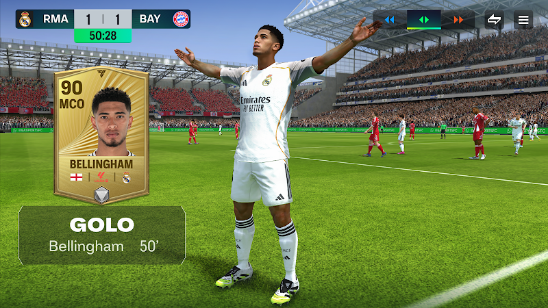 Imagem de jogabilidade do EA SPORTS FC Mobile com jogador a finalizar